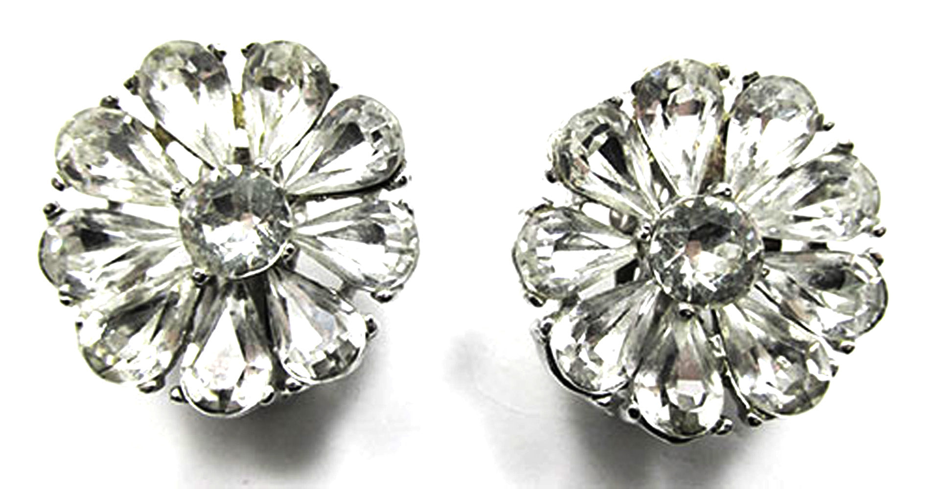 Signed Bellini Vintage 1980s Clear Rhinestone Floral Earrings - Front