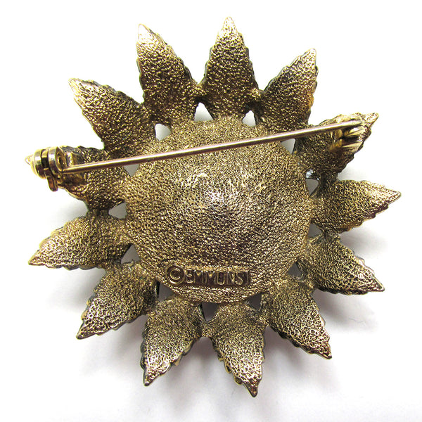 Bold Signed Emmons Vintage 1950s Topaz Diamante Designer Floral Pin - Back