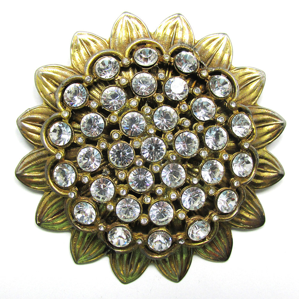 Striking 1950s Vintage Clear Rhinestone and Gold Sunflower Pin - Front