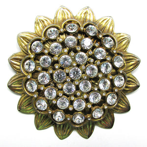 Striking 1950s Vintage Clear Rhinestone and Gold Sunflower Pin - Front