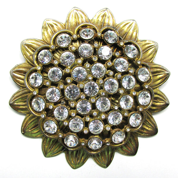 Striking 1950s Vintage Clear Rhinestone and Gold Sunflower Pin - Front