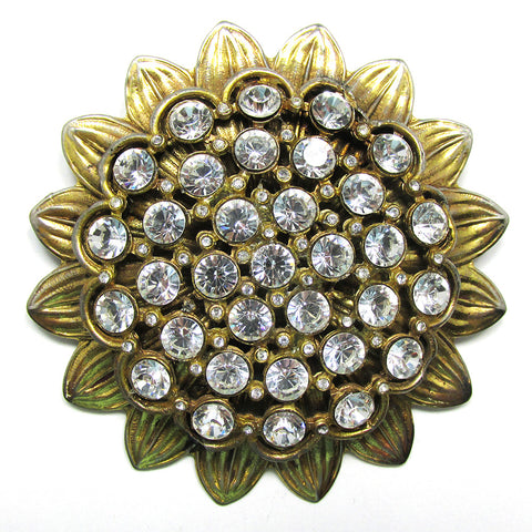 Striking 1950s Vintage Clear Rhinestone and Gold Sunflower Pin - Front