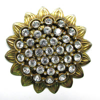Striking 1950s Vintage Clear Rhinestone and Gold Sunflower Pin - Front - Thumbnail