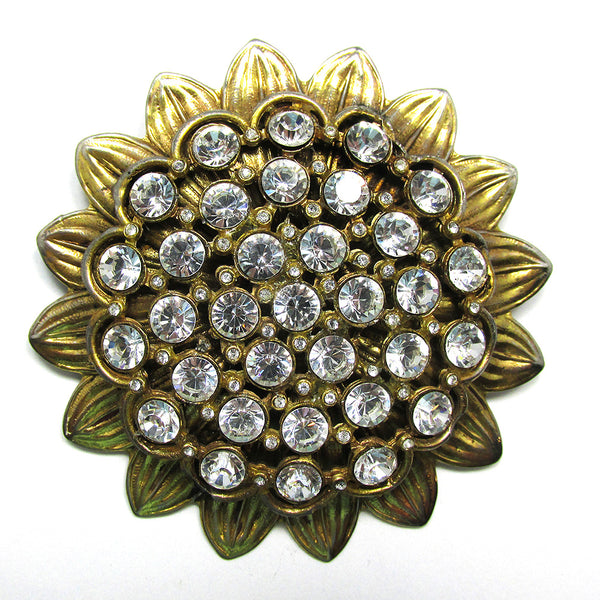 Striking 1950s Vintage Clear Rhinestone and Gold Sunflower Pin - Front