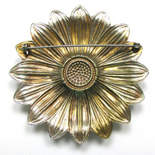 Striking 1950s Vintage Clear Rhinestone and Gold Sunflower Pin - Back