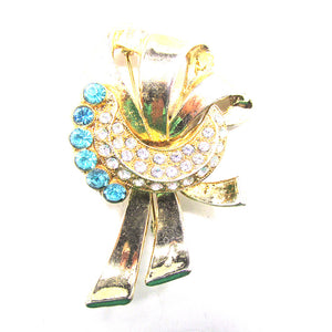 Gorgeous Vintage 1950s Clear and Aquamarine Rhinestone Bow Pin - Front
