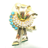 Gorgeous Vintage 1950s Clear and Aquamarine Rhinestone Bow Pin - Front - Thumbnail