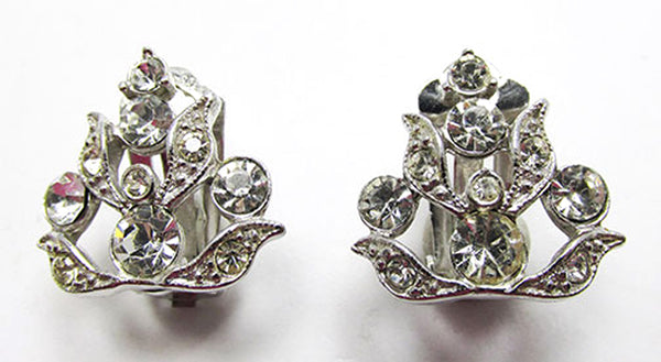 Rare Signed Charel Vintage 1950s Clear Rhinestone Floral Earrings - Front