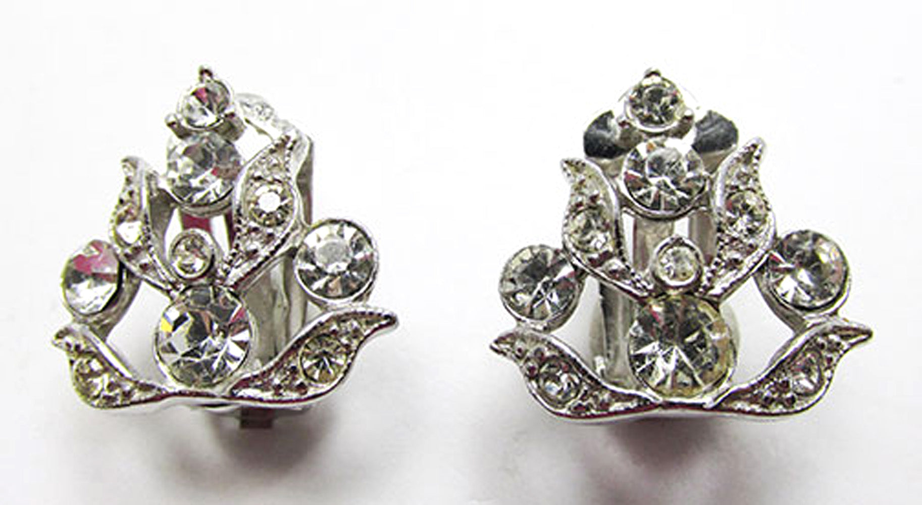 Rare Signed Charel Vintage 1950s Clear Rhinestone Floral Earrings - Front