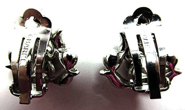 Rare Signed Charel Vintage 1950s Clear Rhinestone Floral Earrings - Back
