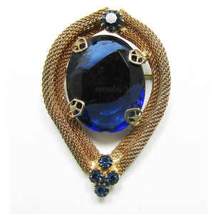 Distinctive 1950s Vintage Sapphire-Blue Rhinestone Gold Mesh Pin - Frot