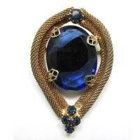 Distinctive 1950s Vintage Sapphire-Blue Rhinestone Gold Mesh Pin - Front - Thumbnail