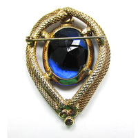 Distinctive 1950s Vintage Sapphire-Blue Rhinestone Gold Mesh Pin - Back - Thumbnail