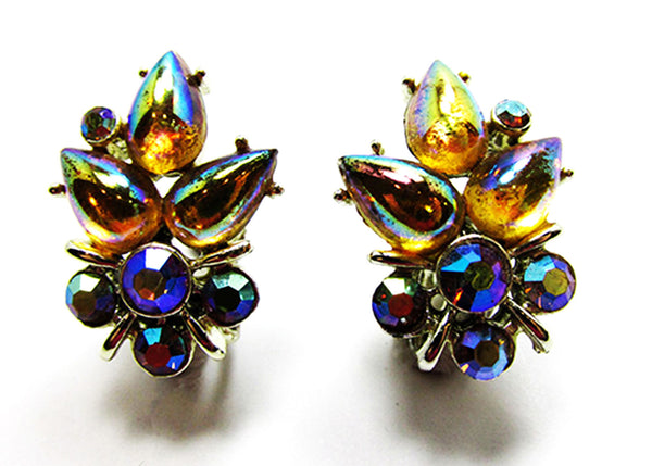 Signed Star Vintage 1950s Dainty AB Rhinestone Floral Earrings - Front