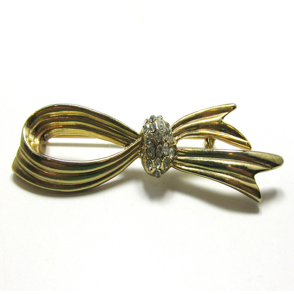 Attractive 1960s Vintage Mid-Century Rhinestone and Gold Ribbon Pin - Front