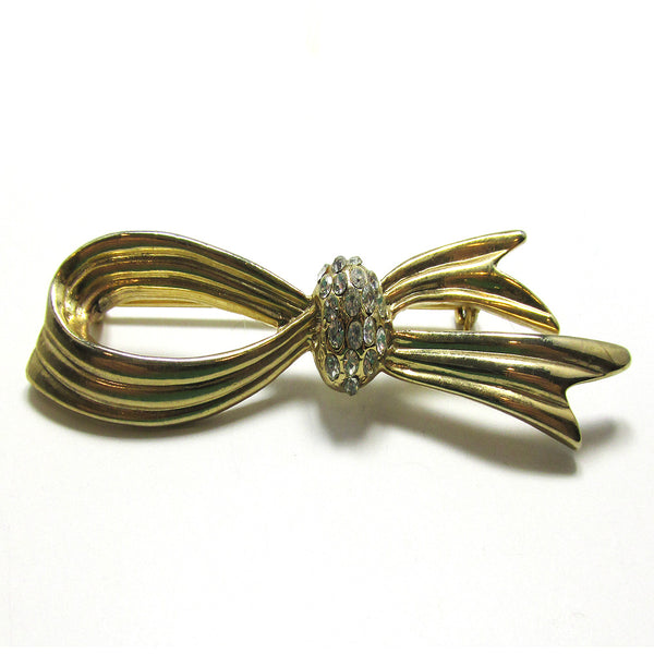 Attractive 1960s Vintage Mid-Century Rhinestone and Gold Ribbon Pin - Front