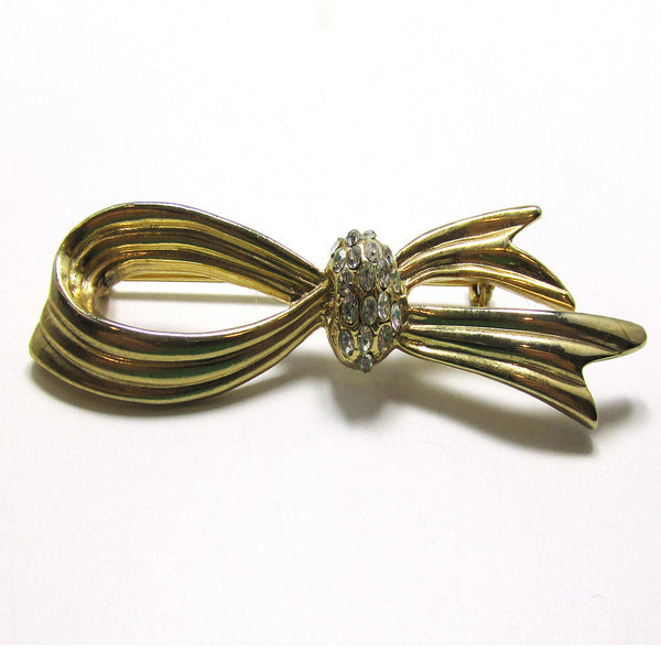 Attractive 1960s Vintage Mid-Century Rhinestone and Gold Ribbon Pin - Close Up