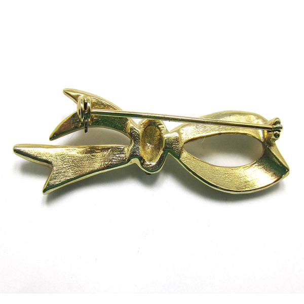 Attractive 1960s Vintage Mid-Century Rhinestone and Gold Ribbon Pin - Back