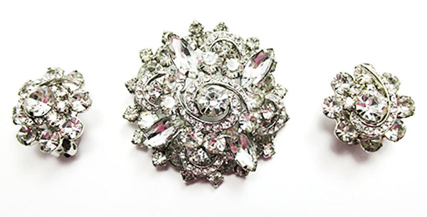Unsigned Weiss Vintage1950s Clear Rhinestone Pin and Earrings - Front