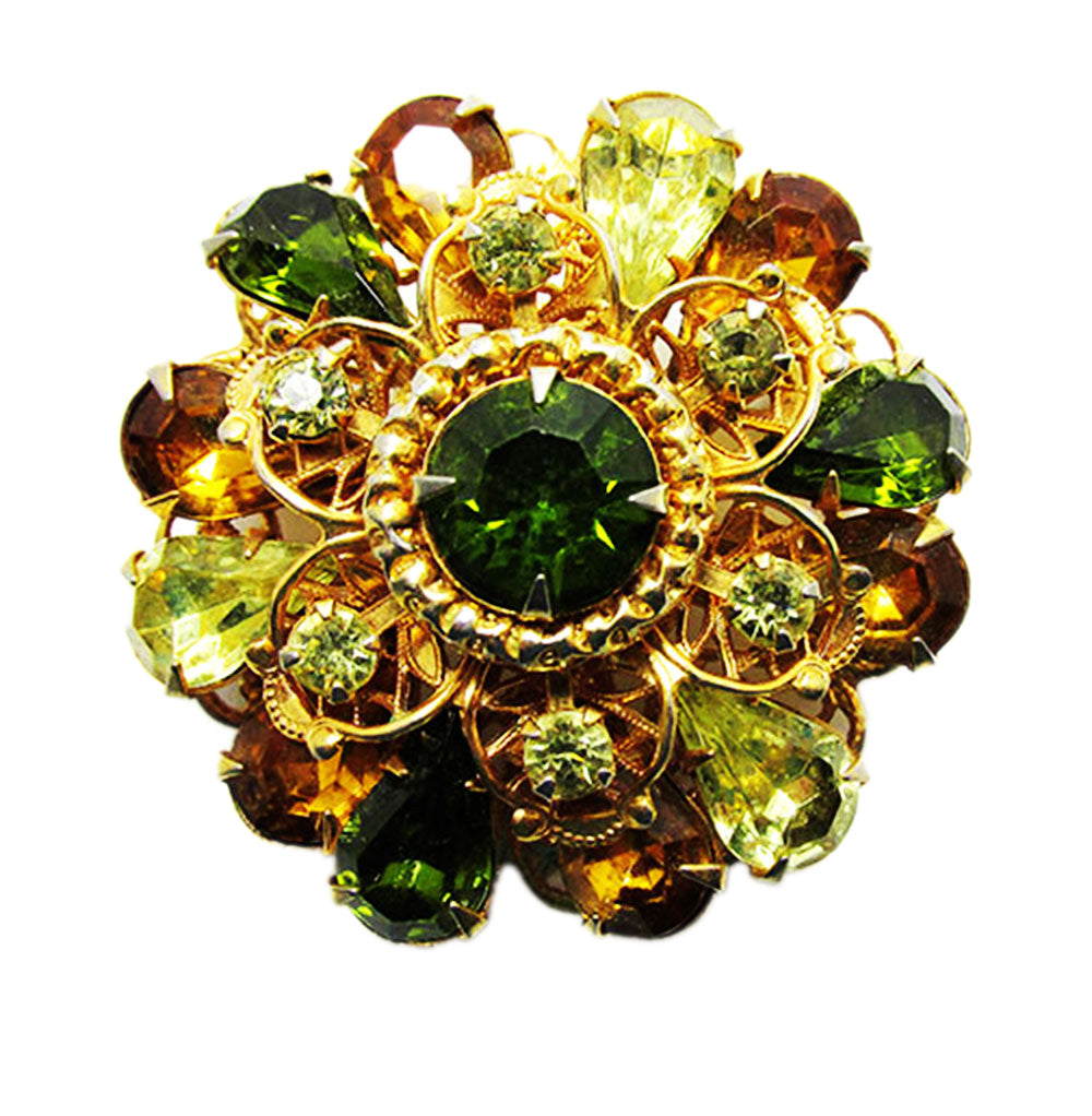 Amazing Vintage 1950s Citrine, Topaz, and Peridot Rhinestone Floral Pin - Front