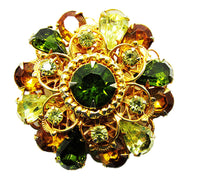 Amazing Vintage 1950s Citrine, Topaz, and Peridot Rhinestone Floral Pin - Front close up - Thumbnail
