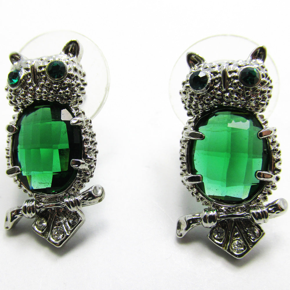 Vintage 1960s Green Rhinestone Figural Pierced Owl Earrings - Fronts