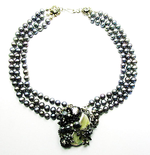 Vintage 1960s Mid-Century Unique Gray Floral Pearl Necklace - Front
