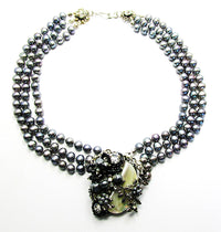 Vintage 1960s Mid-Century Unique Gray Floral Pearl Necklace - Front - Thumbnail