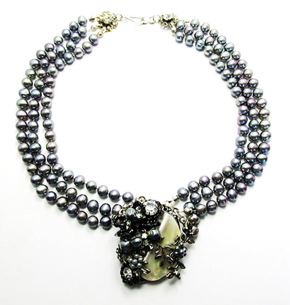 Vintage 1960s Mid-Century Unique Gray Floral Pearl Necklace - Front