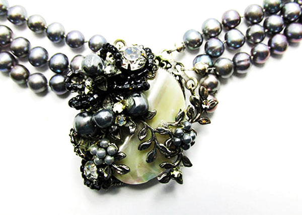 Vintage 1960s Mid-Century Unique Gray Floral Pearl Necklace - Centerpiece Close Up