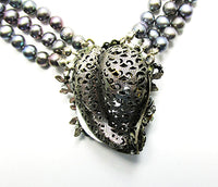 Vintage 1960s Mid-Century Unique Gray Floral Pearl Necklace - Centerpiece Back - Thumbnail