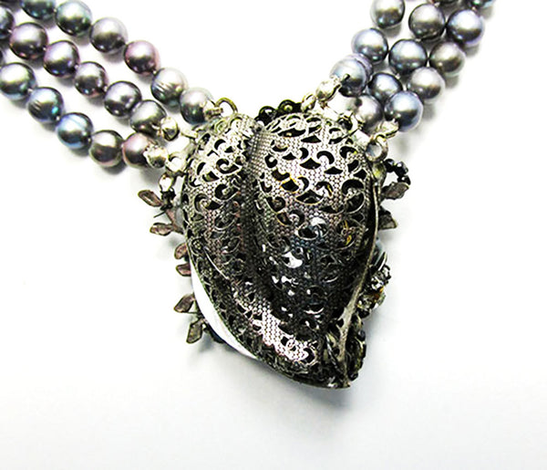 Vintage 1960s Mid-Century Unique Gray Floral Pearl Necklace - Centerpiece Back