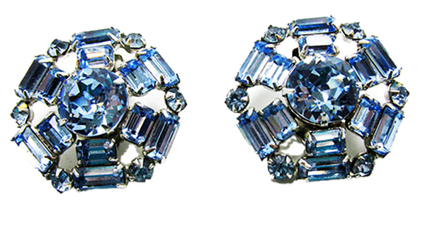 Vintage 1950s Blue Rhinestone and Silver-Toned Geometric Clip Earrings - ront