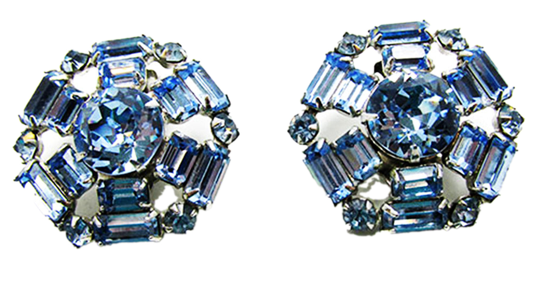 Vintage 1950s Blue Rhinestone and Silver-Toned Geometric Clip Earrings - ront