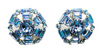 Vintage 1950s Blue Rhinestone and Silver-Toned Geometric Clip Earrings - Front - Thumbnail