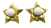 Garne Vintage 1950s White Bead Star-Shaped Gold Clip-On Earrings - Front Close Up - Thumbnail