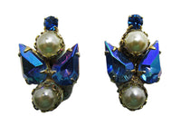 Vintage 1950s Distinctive Blue Rhinestone and Pearl Gold Earrings - Front - Thumbnail