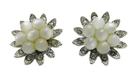 Lisner 1950s White Moonstone Bead and Clear Rhinestone Floral Earrings - Front - Thumbnail