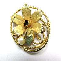 Mid-Century 1960s Vintage Green Gemstone and Ivory Pearl Floral Pin - Front - Thumbnail
