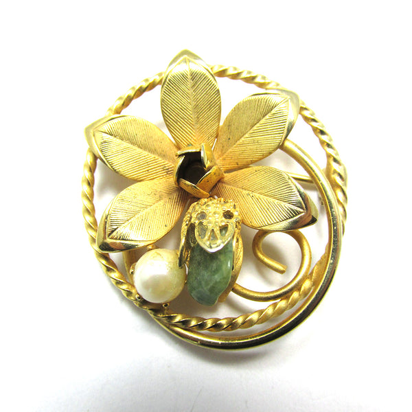 Mid-Century 1960s Vintage Green Gemstone and Ivory Pearl Floral Pin - Front