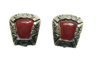 Vintage 1950s Carnelian Etched Geometric Clip-On Earrings - Close Up - Front - Thumbnail
