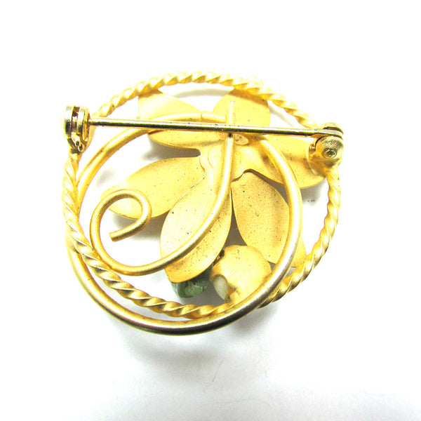 Mid-Century 1960s Vintage Green Gemstone and Ivory Pearl Floral Pin - Back