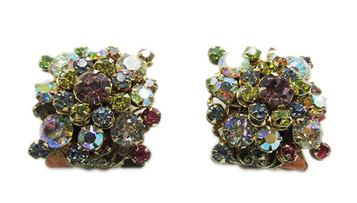Vintage 1950s Geometric Multicolored Rhinestone Gold Earrings - Front
