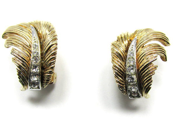 Signed Boucher1950s Mid-Century Feather Design Diamante Earrings - Front