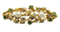 Vintage 1970s Clear and Green Rhinestone and Pearl Gold Pin - Front - Thumbnail