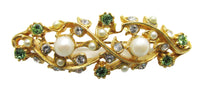 Vintage 1970s Clear and Green Rhinestone and Pearl Gold Pin - Close Up - Thumbnail