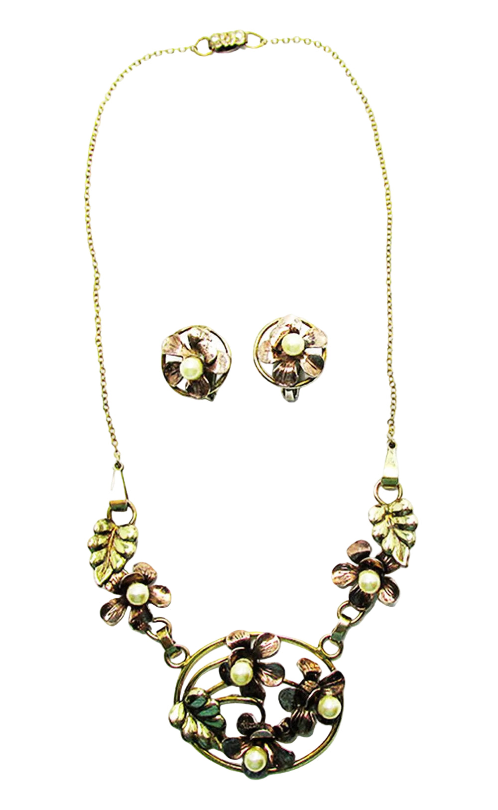 Raleigh 1940s Vintage Pearl Vermeil Floral Necklace and Earrings - Set Front