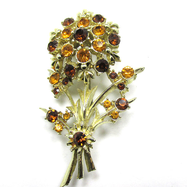 Attractive Vintage Collectible 1960s Citrine Diamante Floral Pin - Front