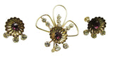 Vintage 1940s Clear and Purple Rhinestone Gold Pin and Earrings Set - Front
