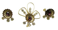Vintage 1940s Clear and Purple Rhinestone Gold Pin and Earrings Set - Front - Thumbnail